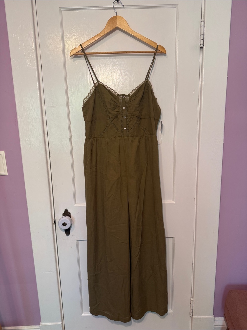 American Eagle Olive Spaghetti Strap Wide-Leg Jumpsuit